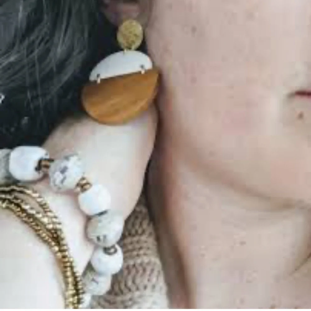 NWT Trades of Hope Wood, White Resin & Brass Earrings